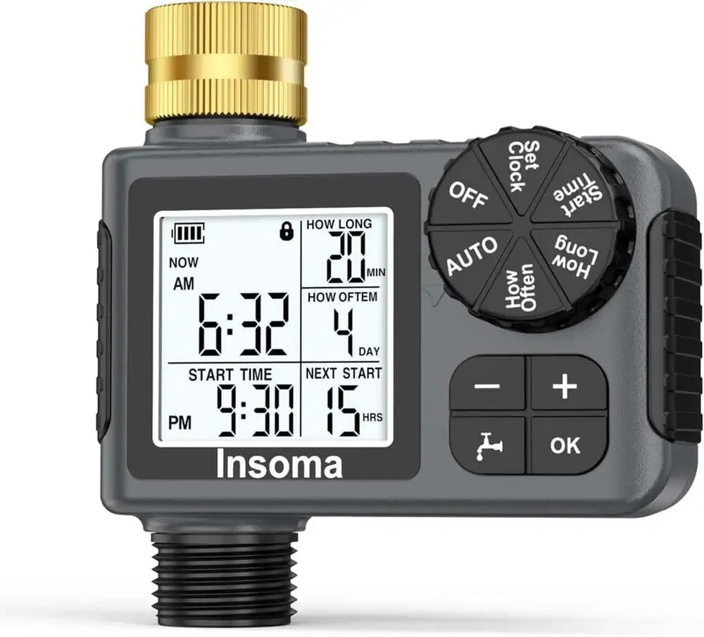 Water Timer for Garden Hose Brass Inlet 1 Outlet LCD Display Auto Manual Rain